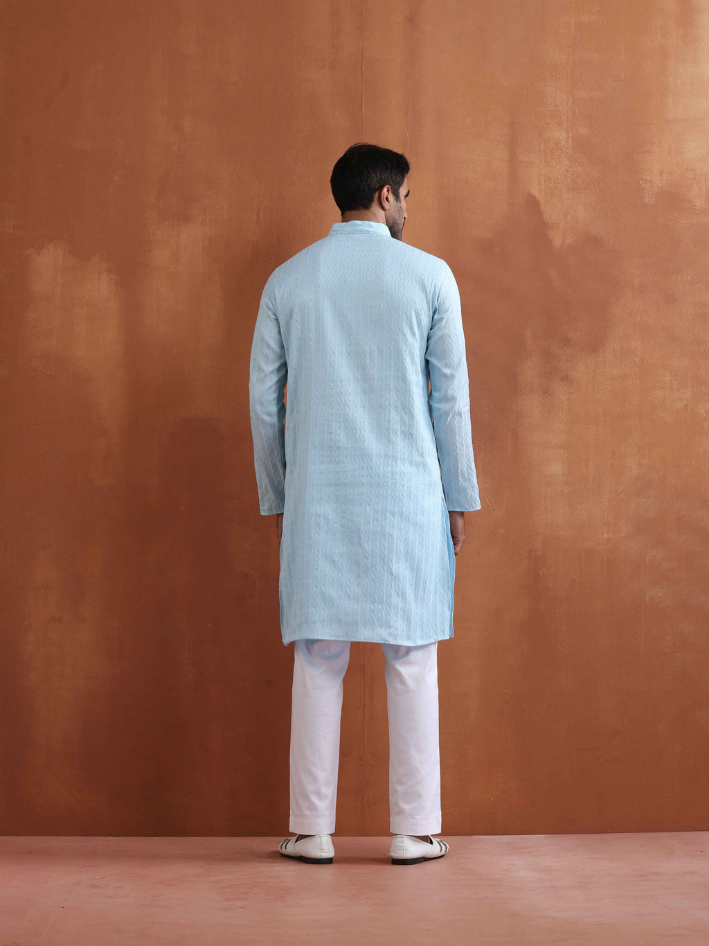 trueBrowns Men's Blue Sequin Chanderi Kurta