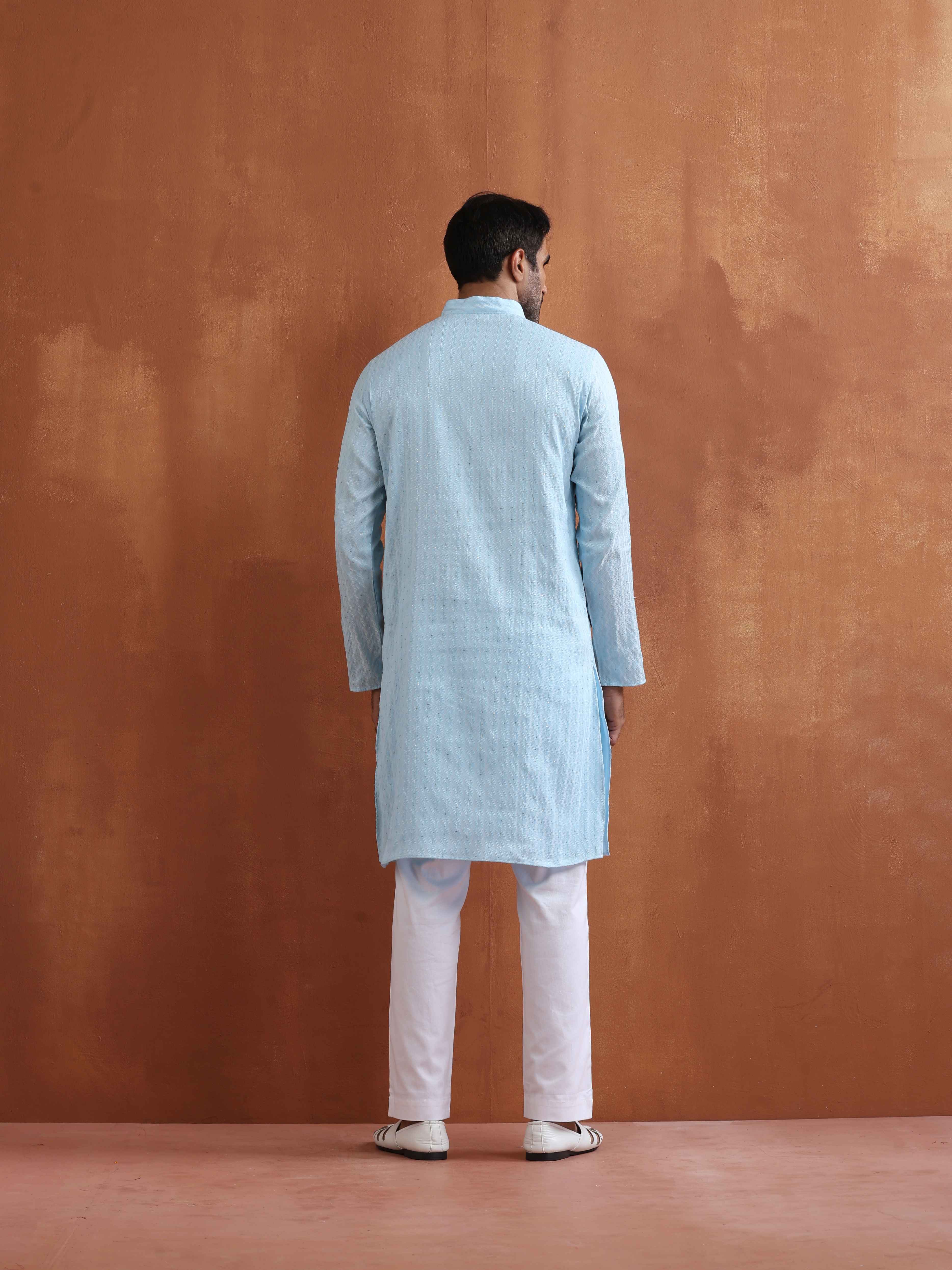 trueBrowns Men's Blue Sequin Chanderi Kurta