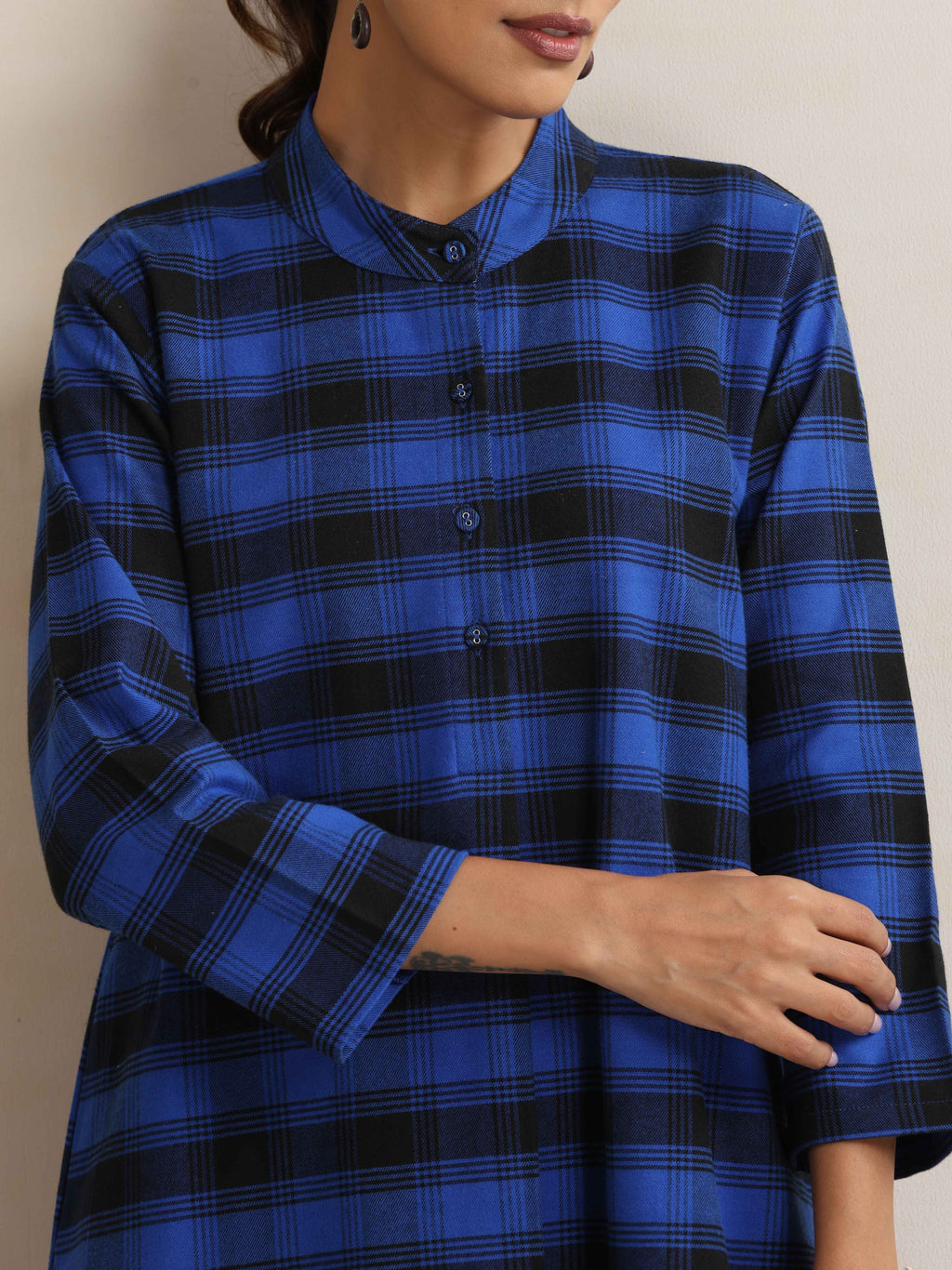 trueBrowns Blue Check Flared Winter Dress - Distacart