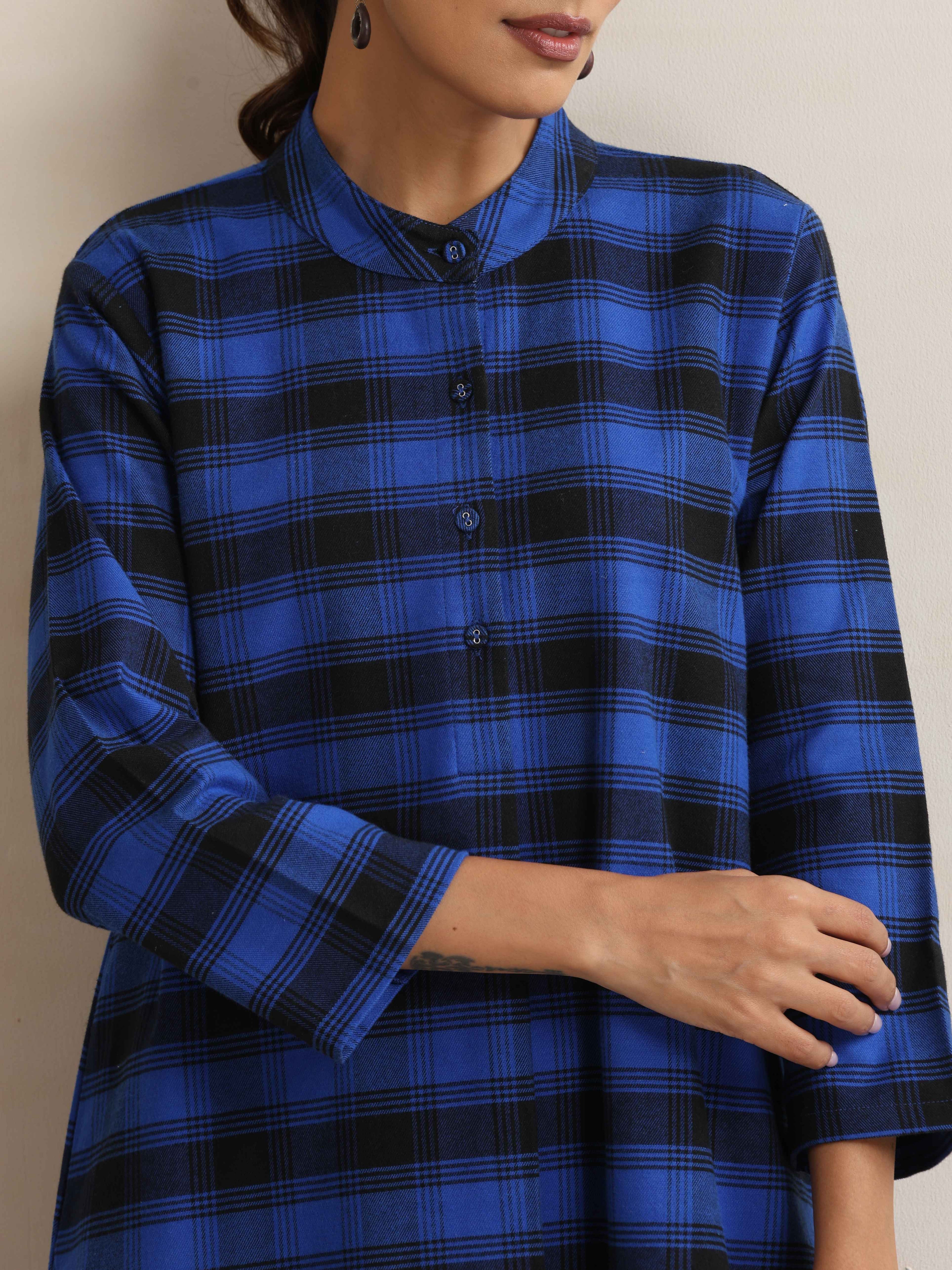 trueBrowns Blue Check Flared Winter Dress - Distacart