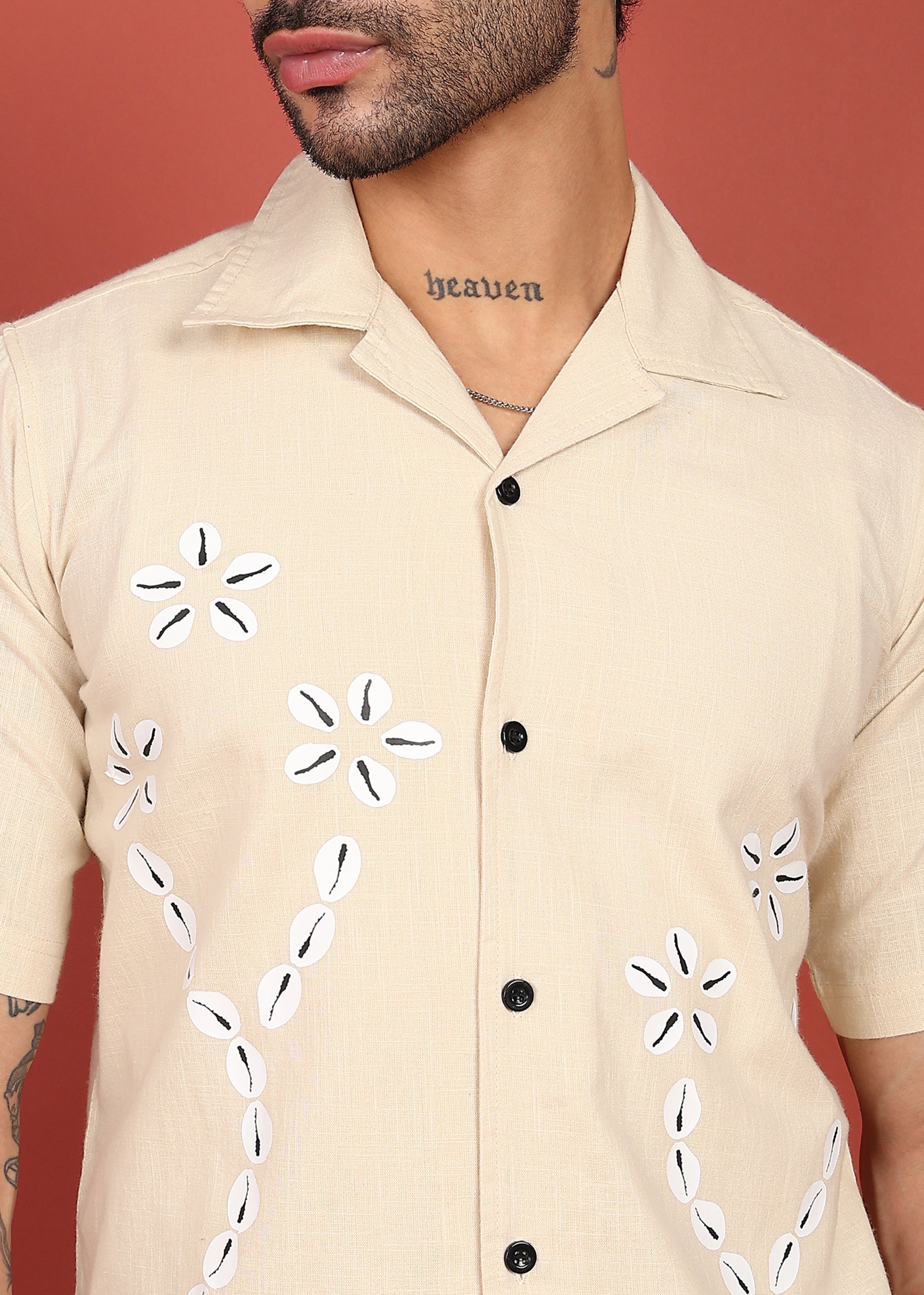 Fabmade Men’S Beige Linen Embroidered Resort Shirt