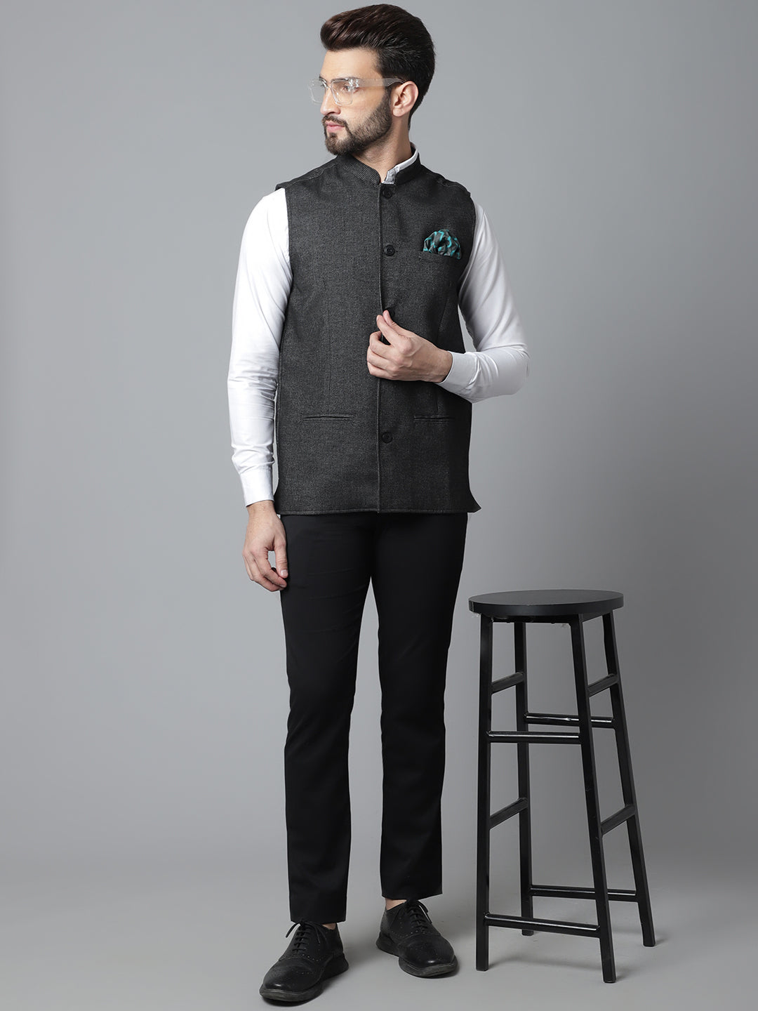 Even Apparels Men's Black Pure Wool Nehru Jacket