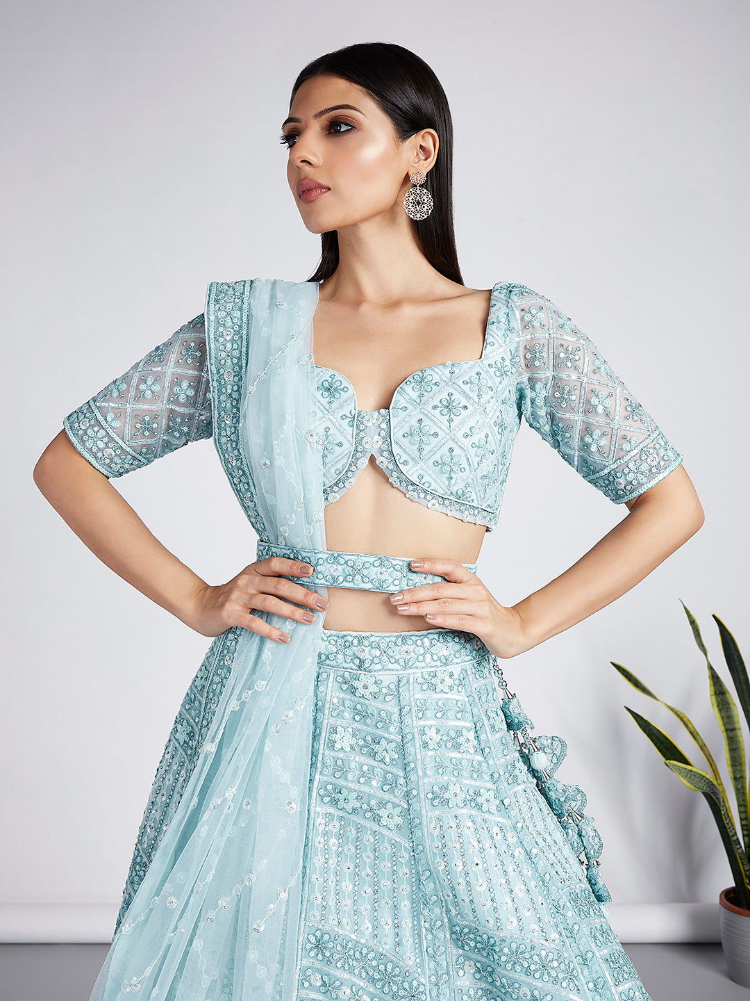 House of Panchhi Turquoise Blue Net Sequins, Zarkan And Thread Embroidery Lehenga Choli & Dupatta
