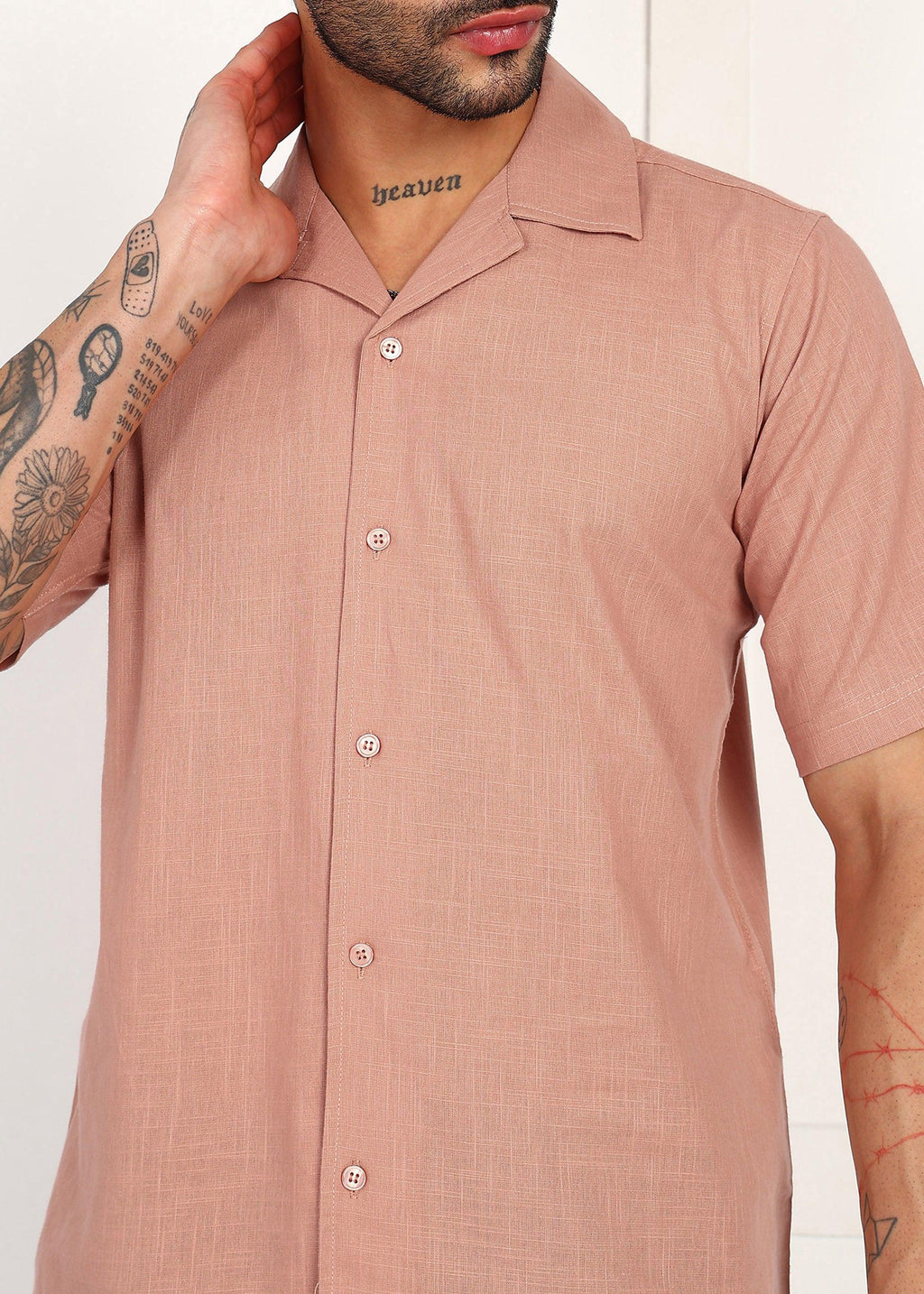 Fabmade Men’S Peach Linen Short-Sleeve Shirt