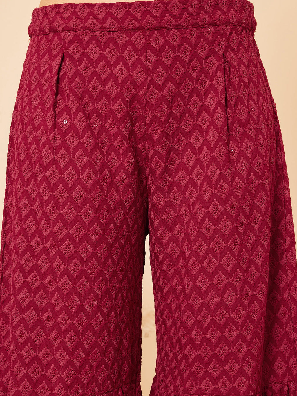 InWeave Women's Maroon Chikankari Long Anarkali Kurta Palazzo Set W Dupatta
