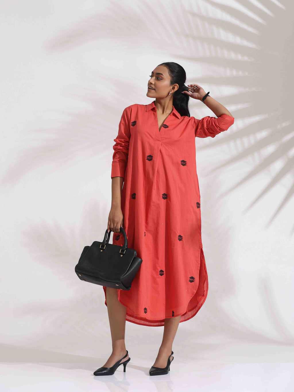 trueBrowns Orange Cotton Embroidered Flared Dress - Distacart