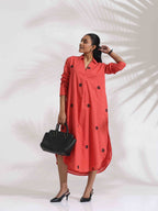 trueBrowns Orange Cotton Embroidered Flared Dress - Distacart