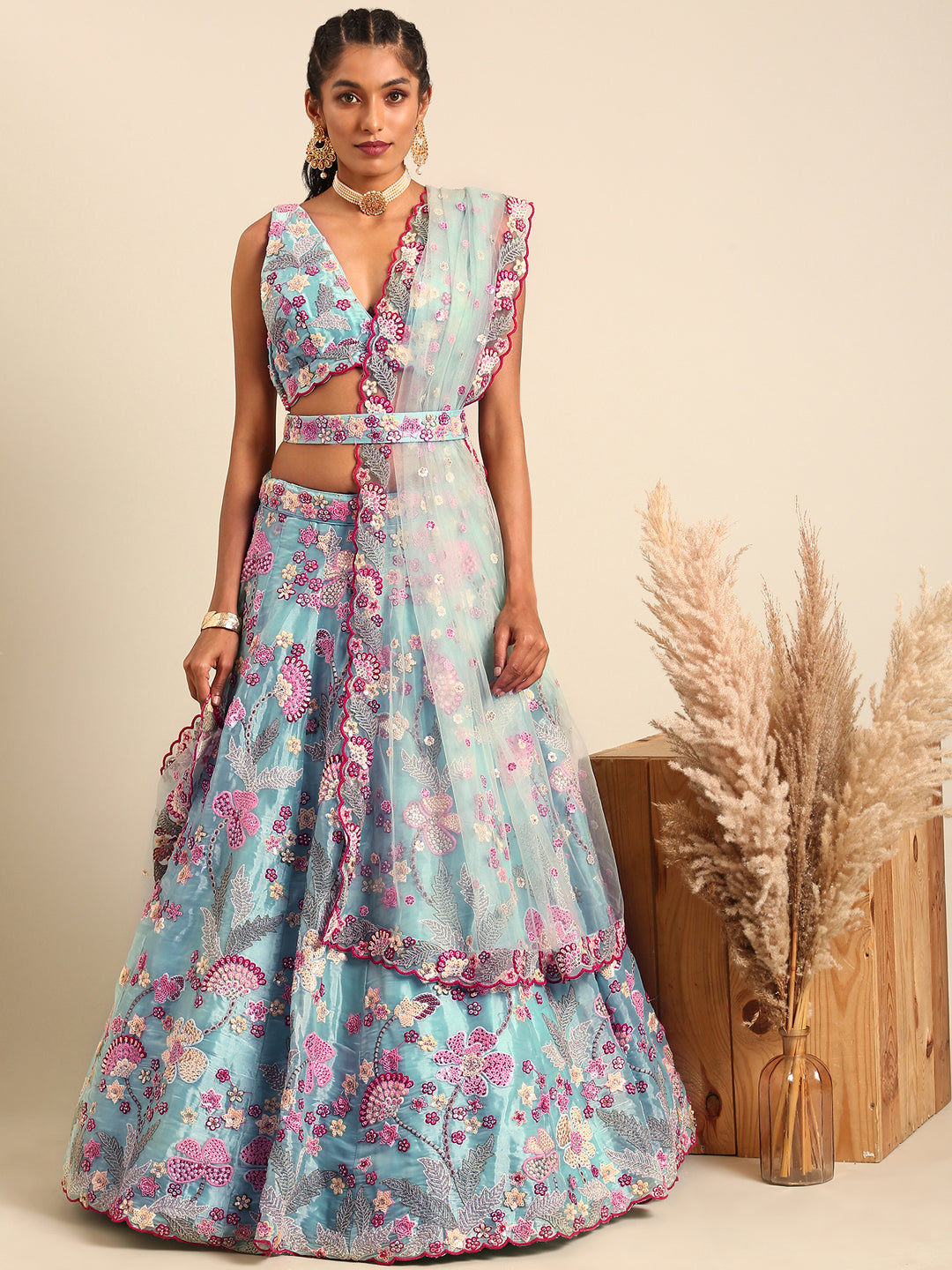 House of Panchhi Turquoise Blue Organza Sequins And Zarkan Embroidery Lehenga Choli & Dupatta