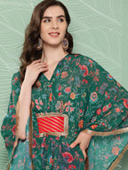Ahalyaa Women Floral Printed Flared Sleeves Patchwork Georgette Kaftan Kurta - Distacart