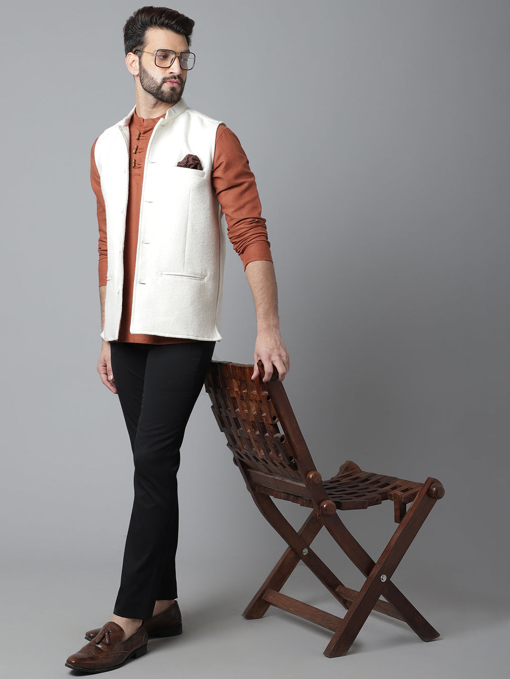Even Apparels Men's White Pure Wool Nehru Jacket