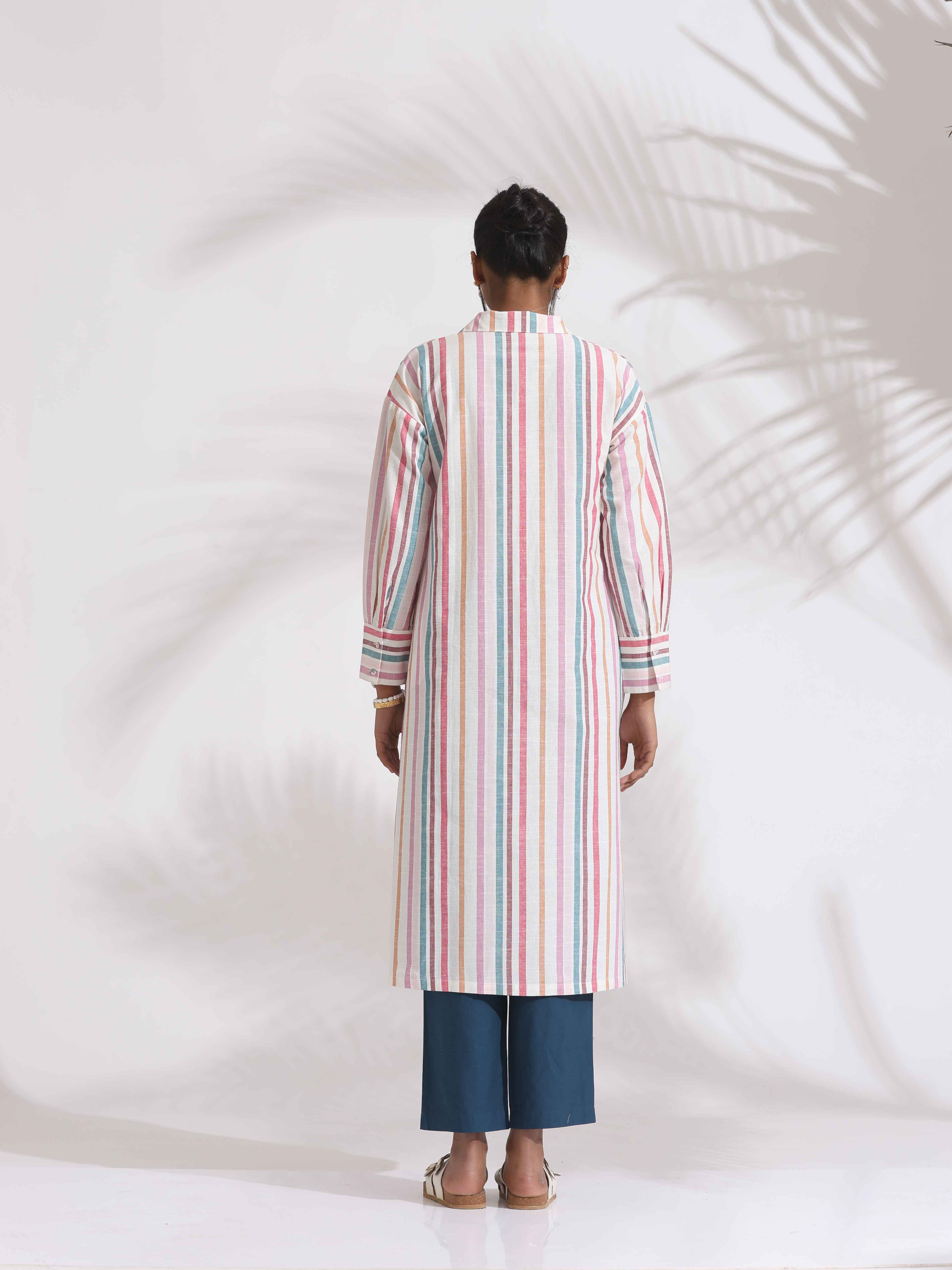 trueBrowns Off-White Cotton Multi Stripe A-line Kurta Set - Distacart