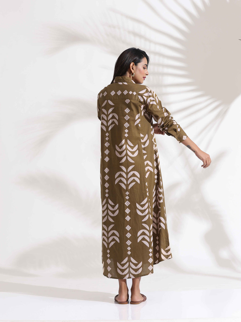 trueBrowns Olive Green Cotton Print Shirt Dress - Distacart