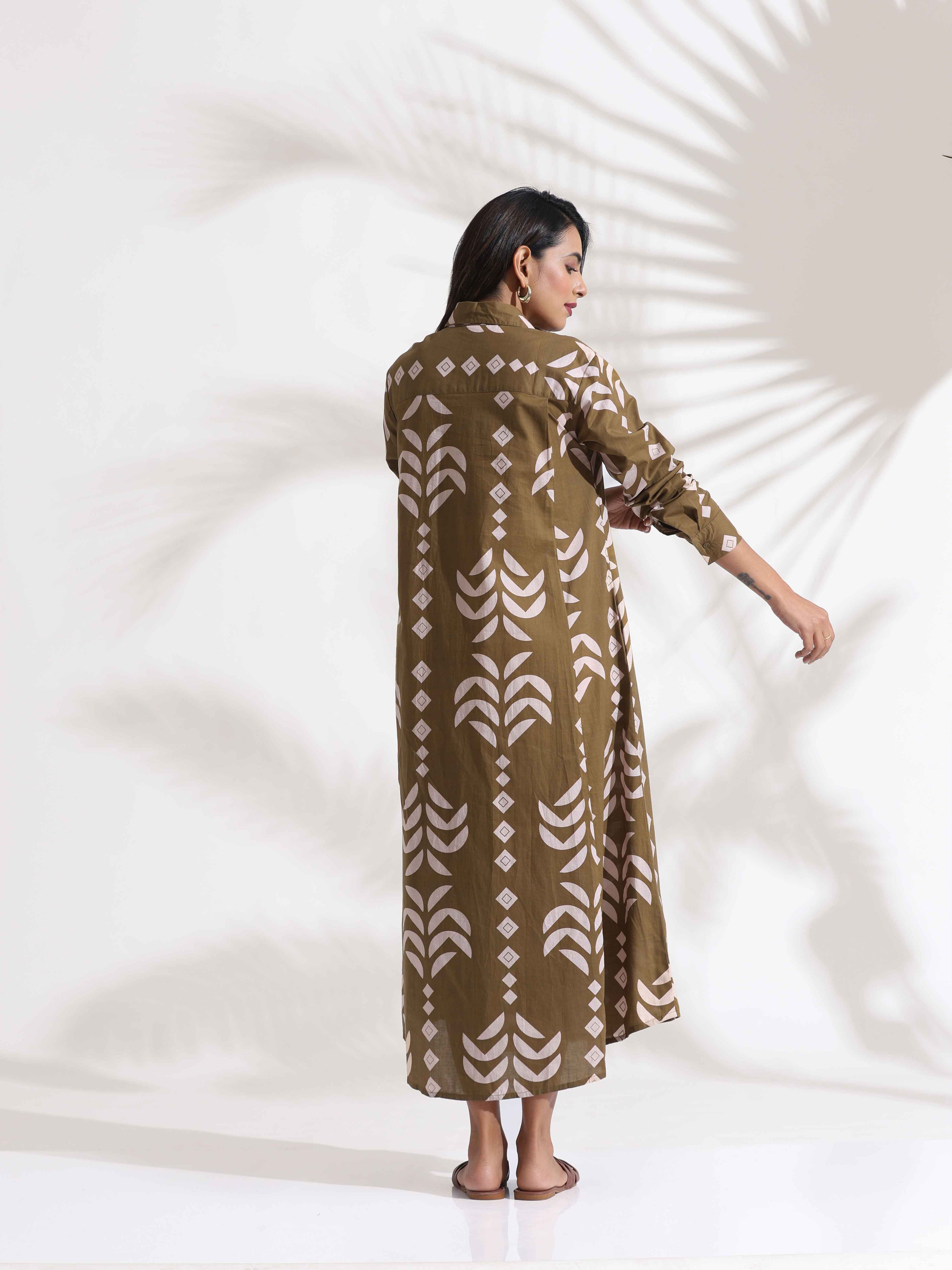 trueBrowns Olive Green Cotton Print Shirt Dress - Distacart