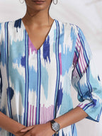 trueBrowns Blue Ikat Print Muslin Kurta Set - Distacart