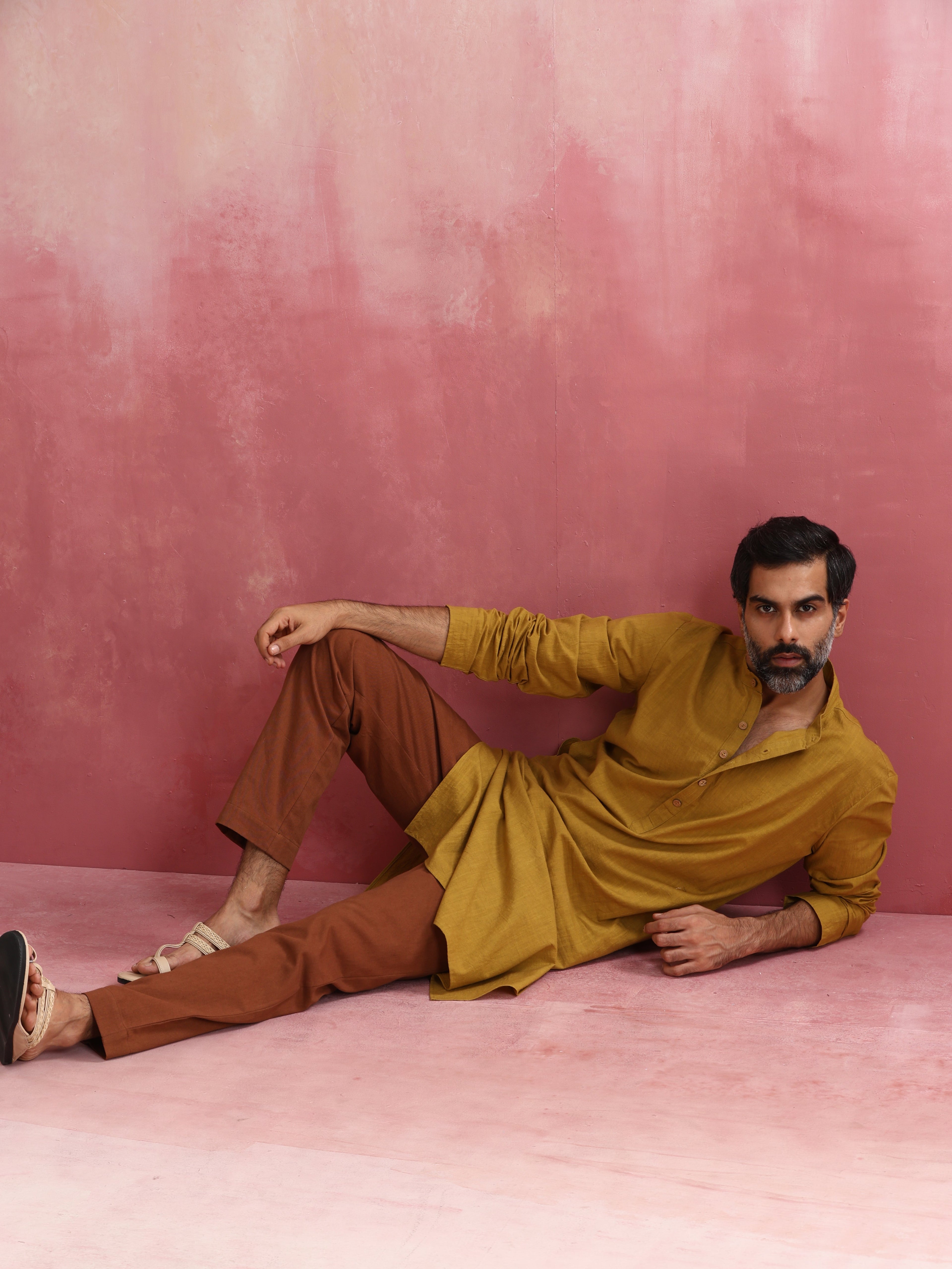 trueBrowns Men's Mustard Mandarin Collar Kurta