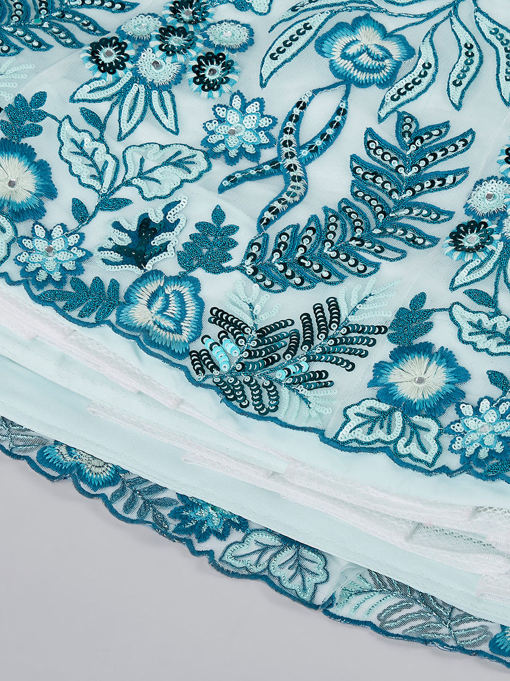 House of Panchhi Turquoise Blue Net Sequins, Mirror And Thread Embroidery Lehenga Choli & Dupatta