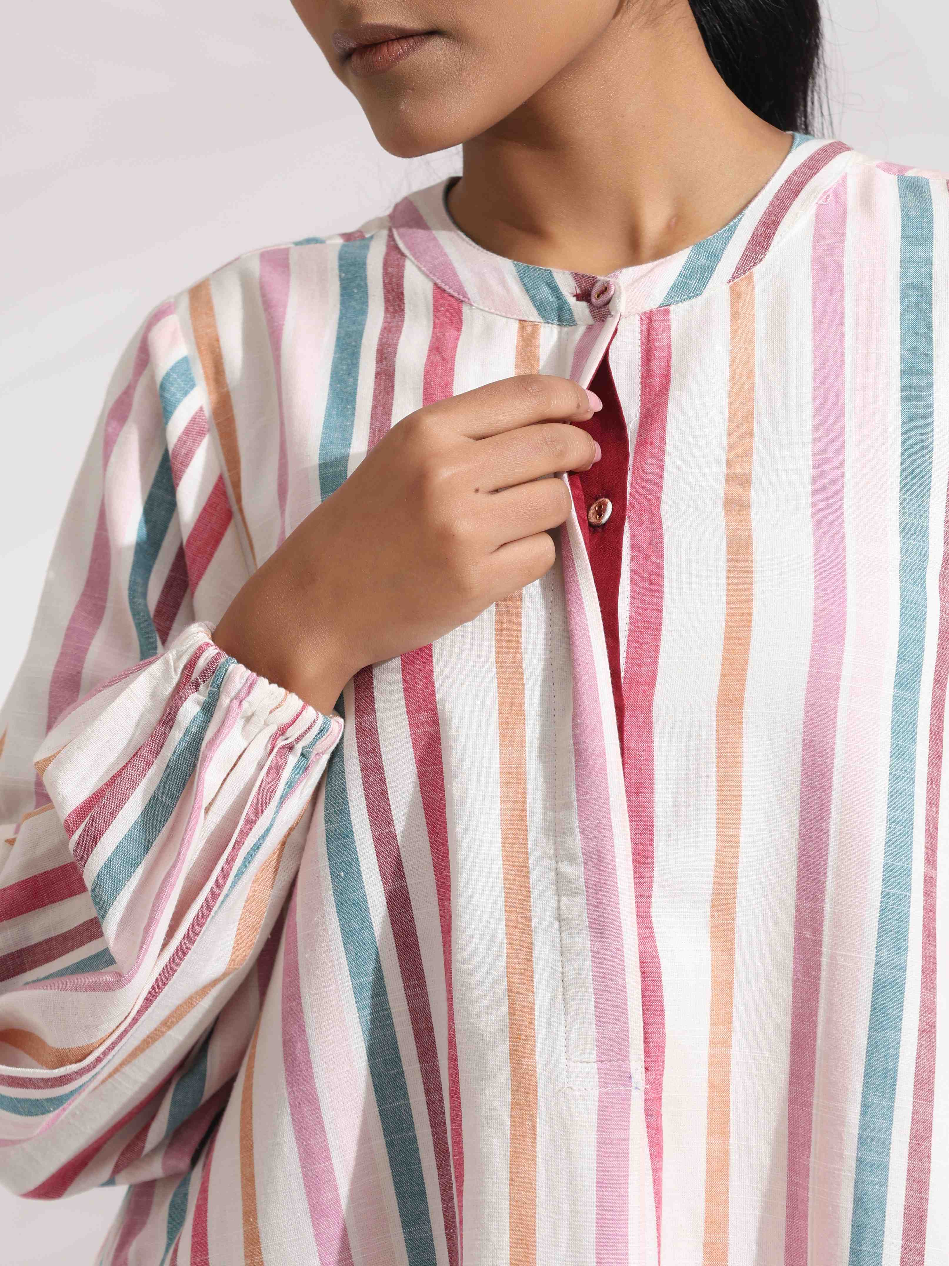 trueBrowns Off-White Cotton Multi Stripe Short Dress - Distacart