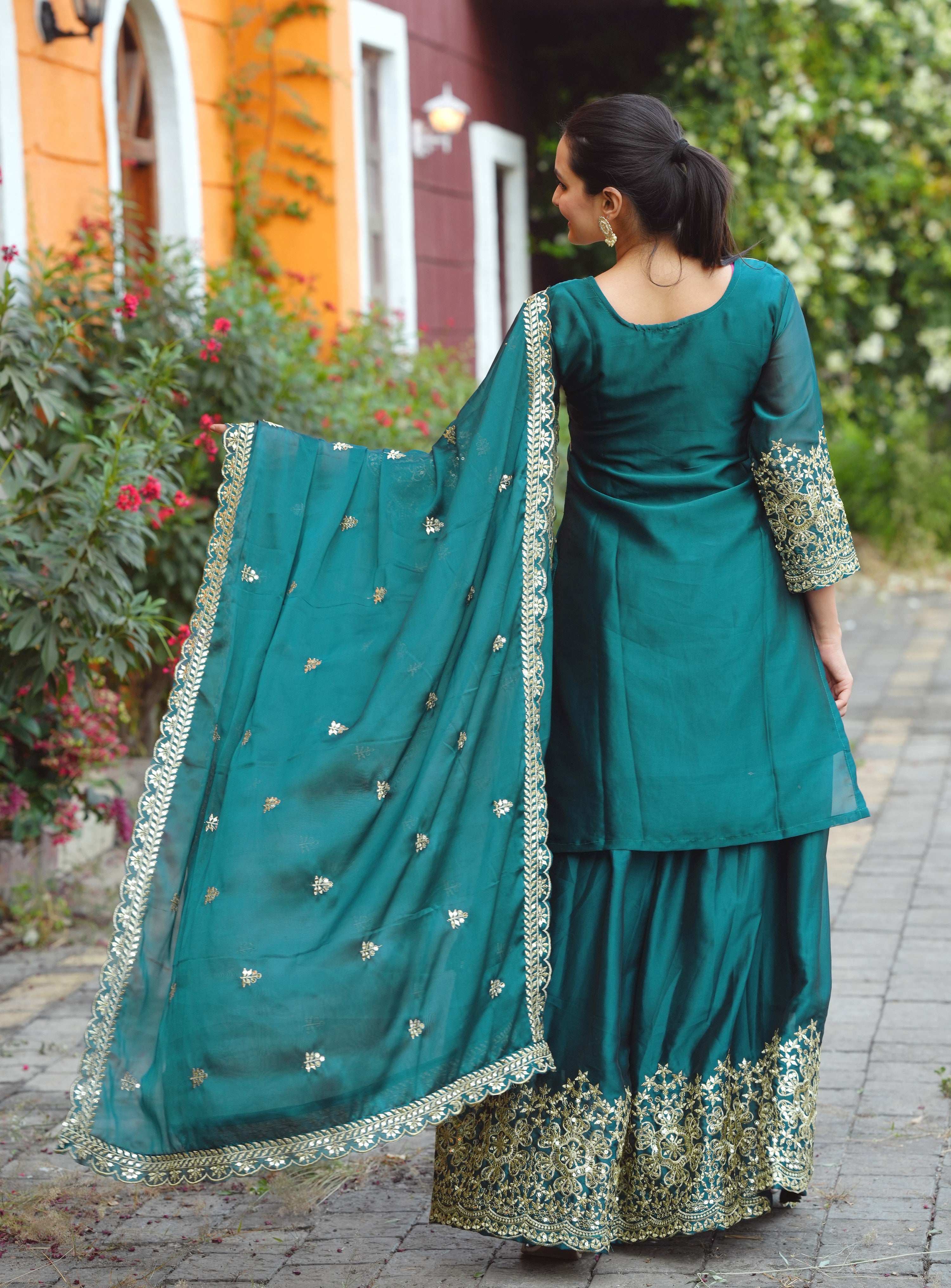 Yash Enterprise Festive Teal Green Sequence Embroidered Work Readymade Salwar Suit - Distacart