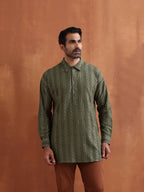 trueBrowns Men's Olive Green Cotton Dobby Short Kurta