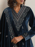 trueBrowns Blue Velvet Embroidered Kurta Pant Dupatta Set - Distacart