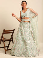 House of Panchhi Sea green Net Multi Sequins with heavy Zarkan embroidery Lehenga choli & Dupatta