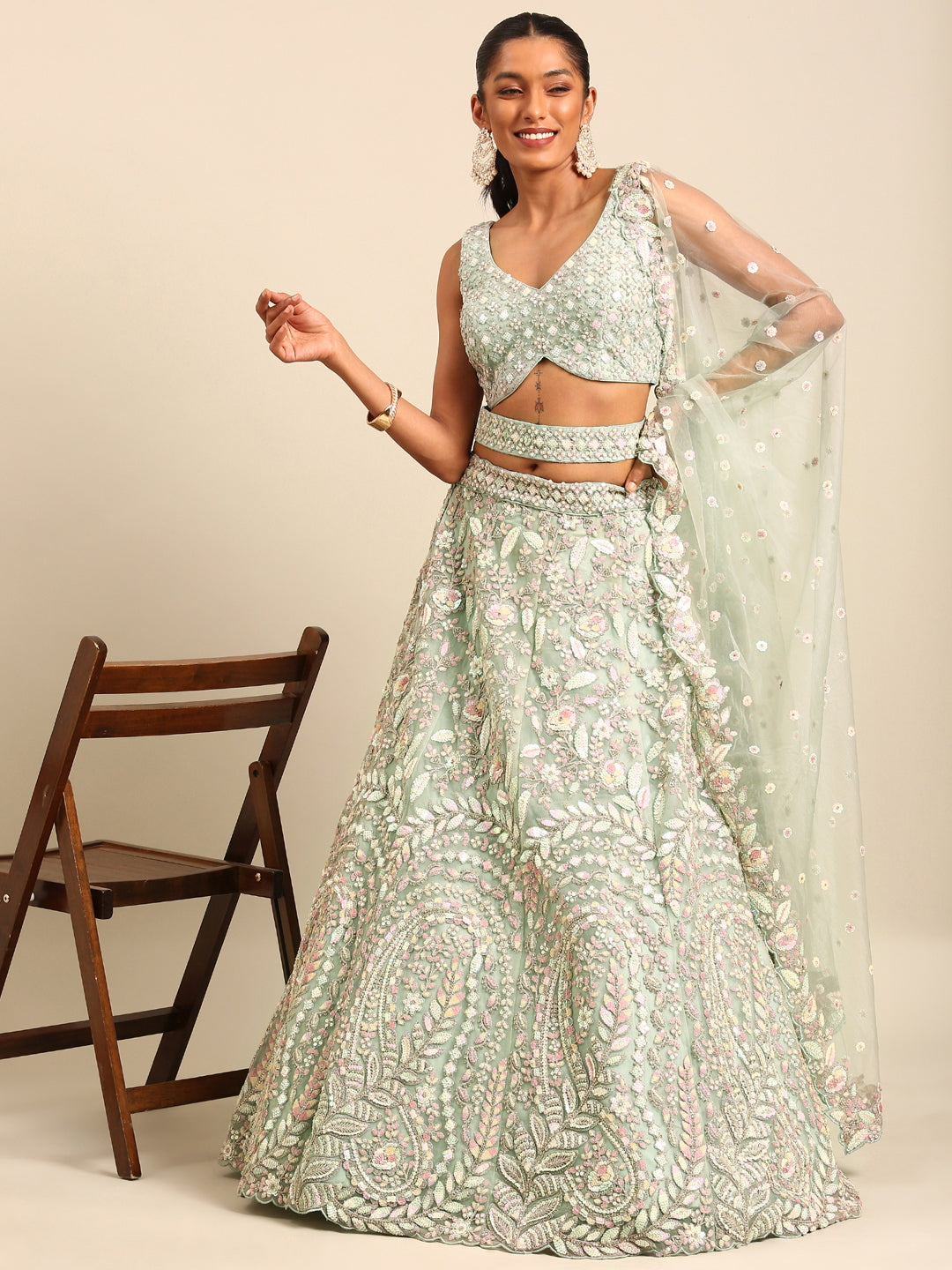 House of Panchhi Sea green Net Multi Sequins with heavy Zarkan embroidery Lehenga choli & Dupatta
