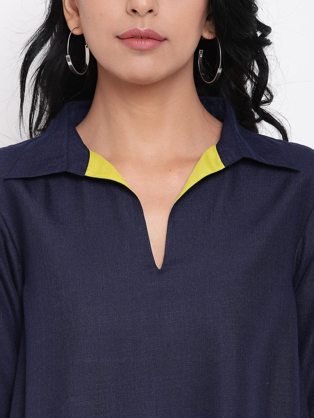 trueBrowns Linen Cotton Blue Collared Dress - Distacart