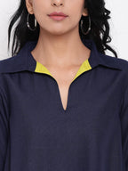 trueBrowns Linen Cotton Blue Collared Dress - Distacart