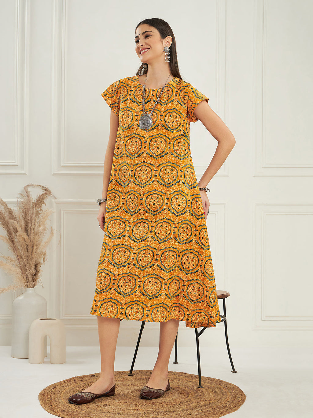 InWeave Women's Haldi Yellow Mughal Kalamkari A Line Dress - Distacart