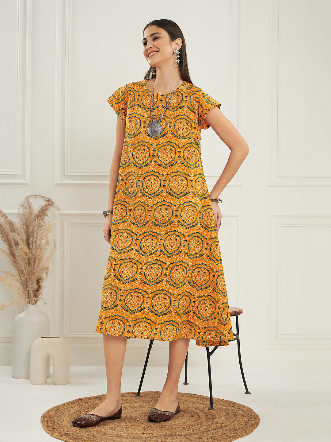 InWeave Women's Haldi Yellow Mughal Kalamkari A Line Dress - Distacart