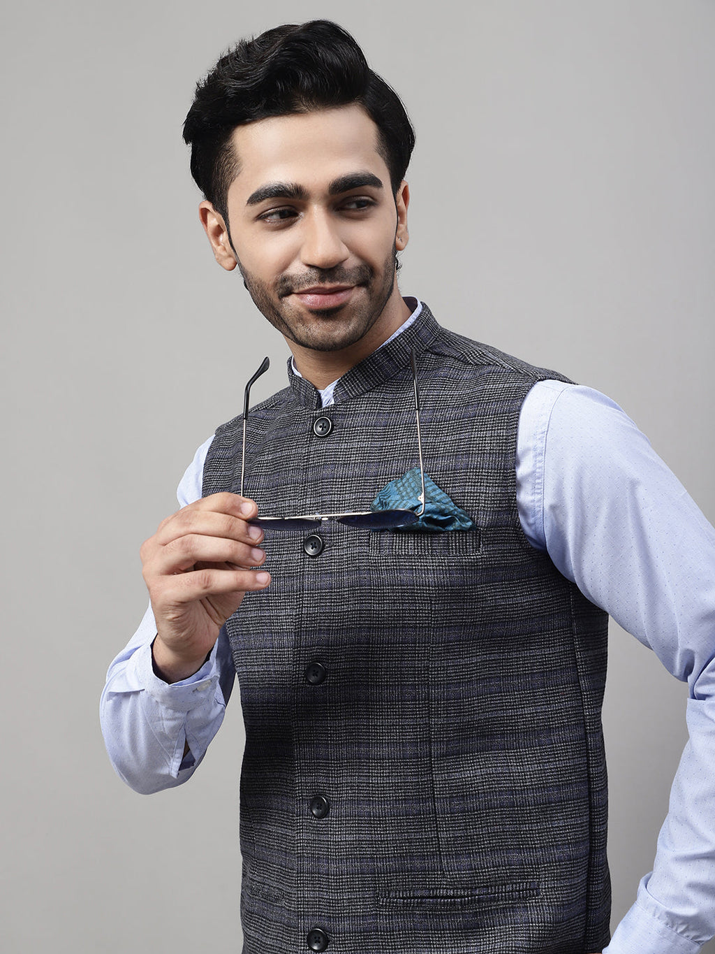 Even Apparels Men's Grey Nehru Jacket With Welt Pockets