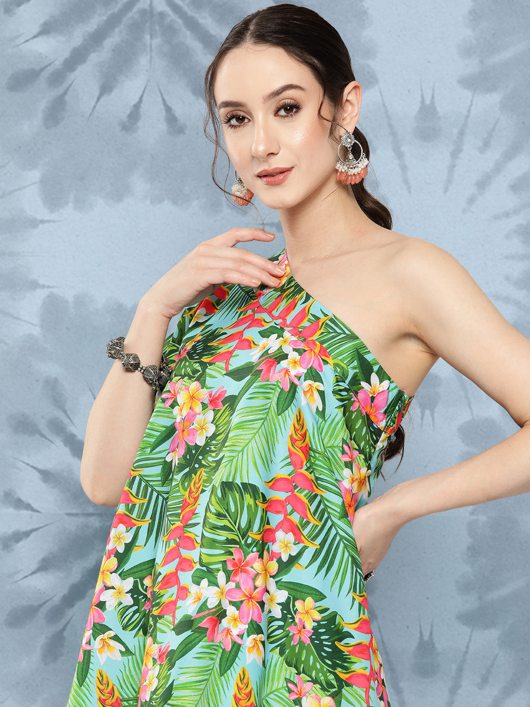 InWeave Women's Mint Green Leaf Japanese Art Oneshoulder Top