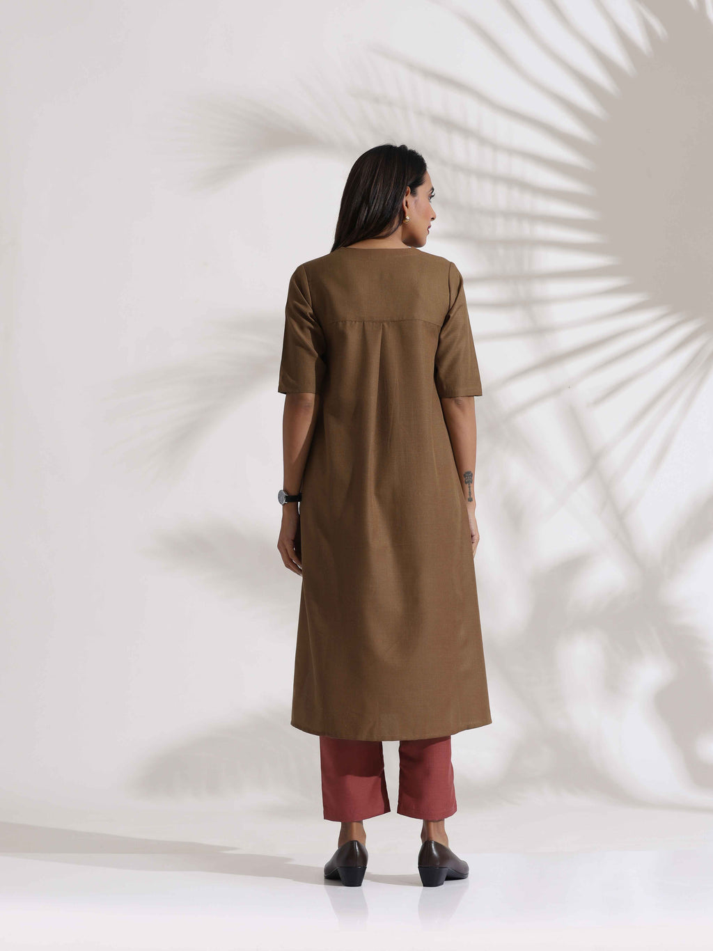 trueBrowns Brown Slub Highslit Kurta Set - Distacart