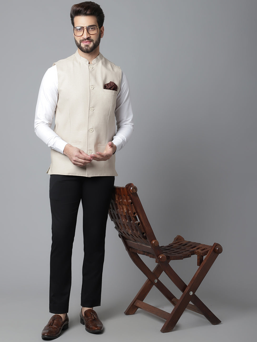 Even Apparels Men's Cream Nehru Jacket With Welt Pockets
