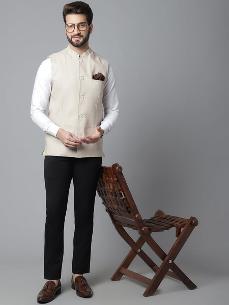 Even Apparels Men's Cream Nehru Jacket With Welt Pockets