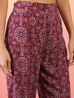 InWeave Maroon Navy Ajrakh Foil Round Neck Kurta Pant Set