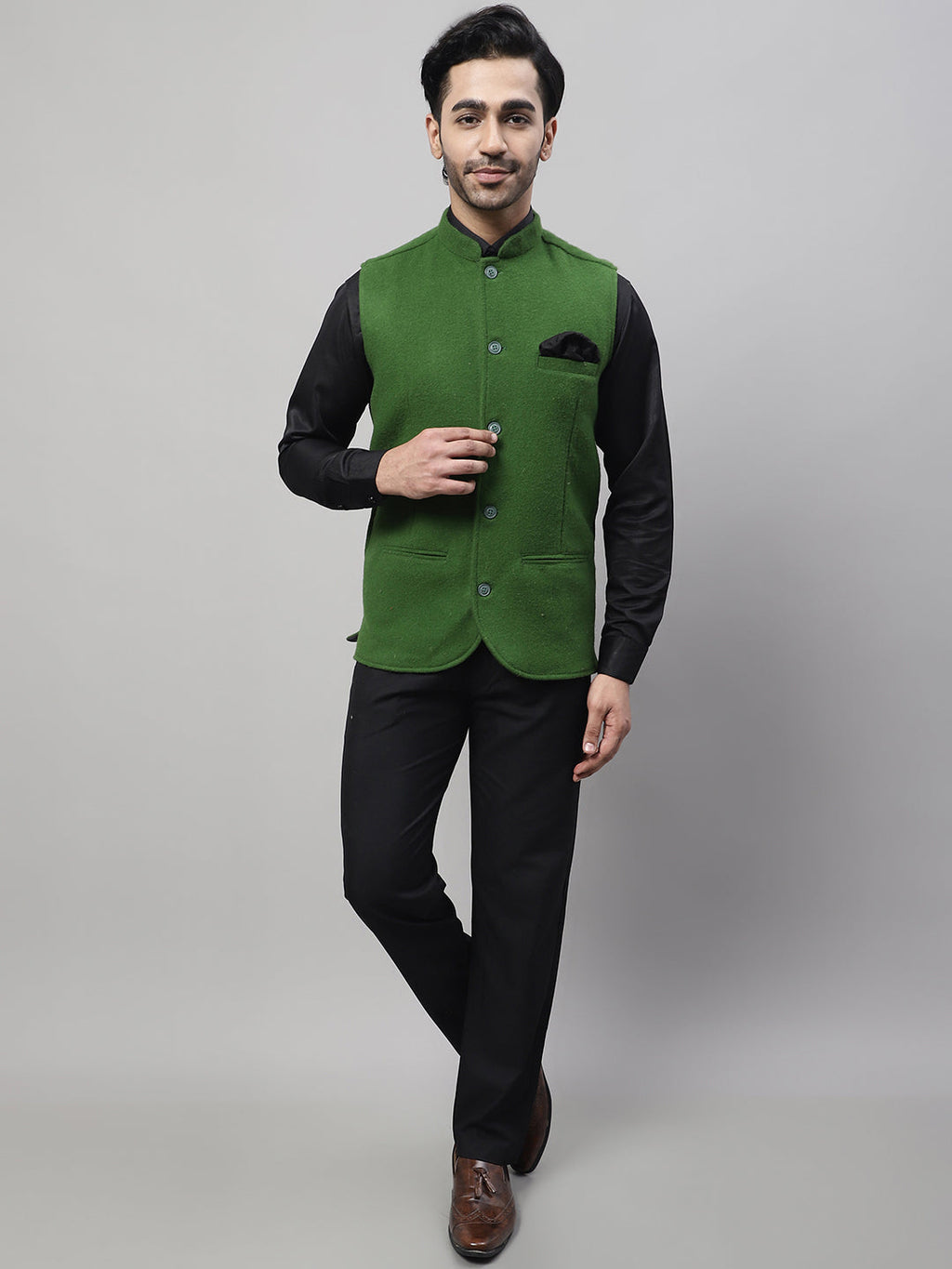 Even Apparels Men's Green Pure Wool Nehru Jacket