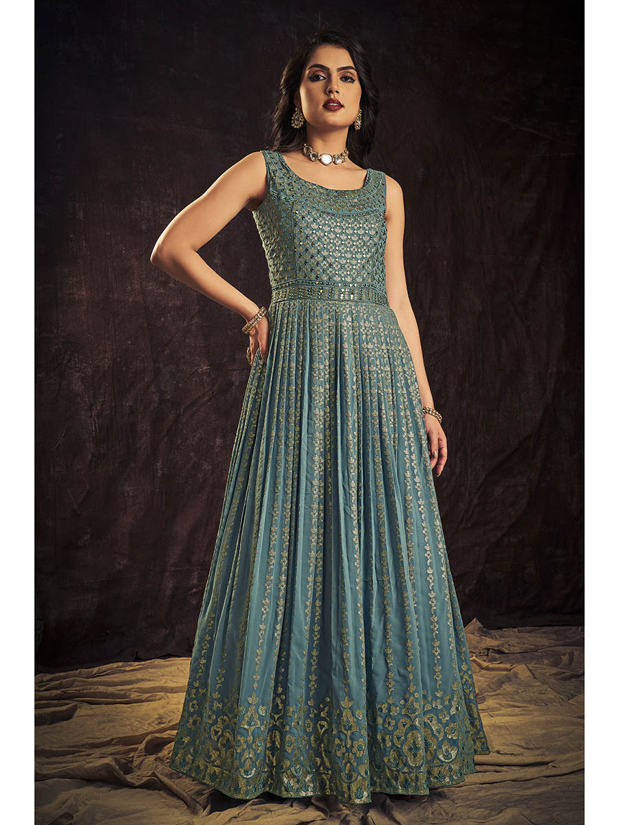 Myra Blue Real Georgette Designer Gown Style Suit - Distacart