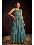 Myra Blue Real Georgette Designer Gown Style Suit - Distacart