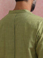 trueBrowns Men's Pista Green Cotton Mandarin Collar Stylized Kurta