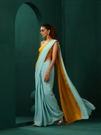 trueBrowns Blue Mustard Muslin Silk Ready to Wear Saree