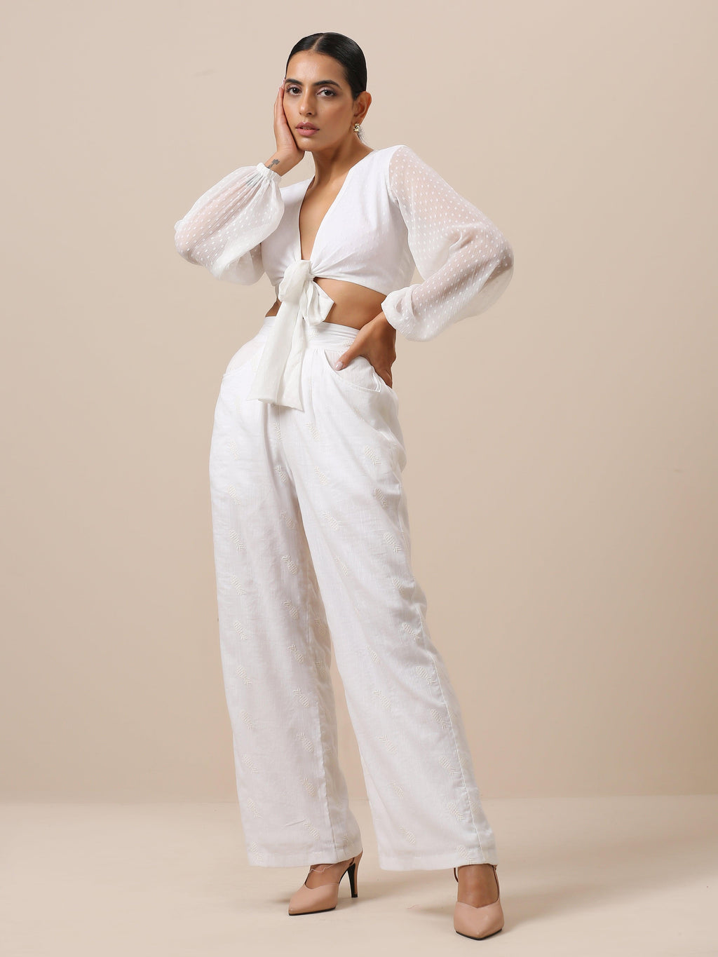 trueBrowns Chiffon White Dobby Tie Up Top