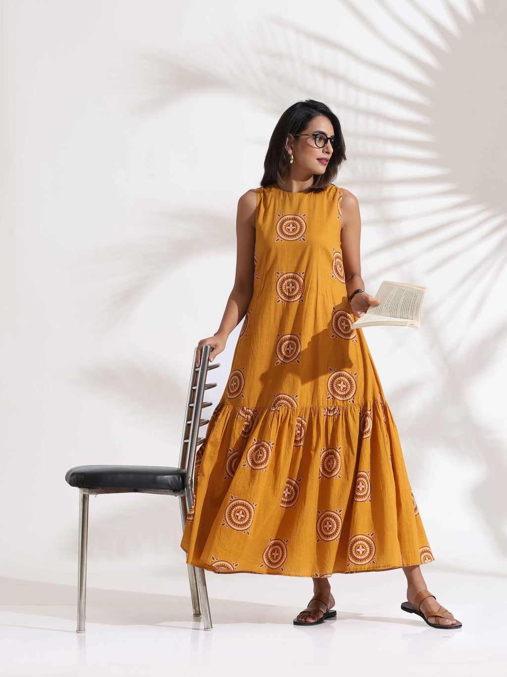 trueBrowns Mustard Cotton Print Tier Dress - Distacart