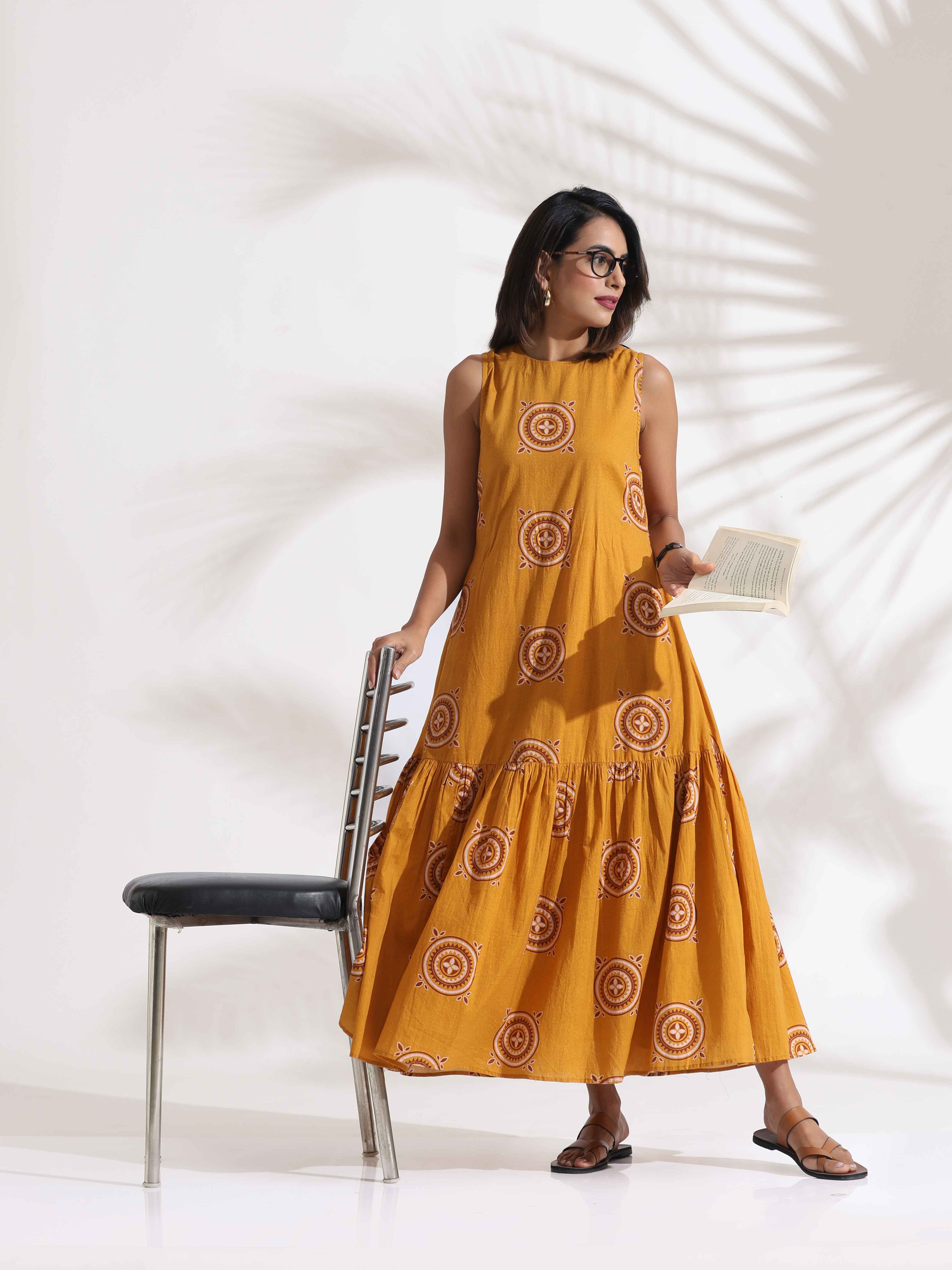 trueBrowns Mustard Cotton Print Tier Dress - Distacart