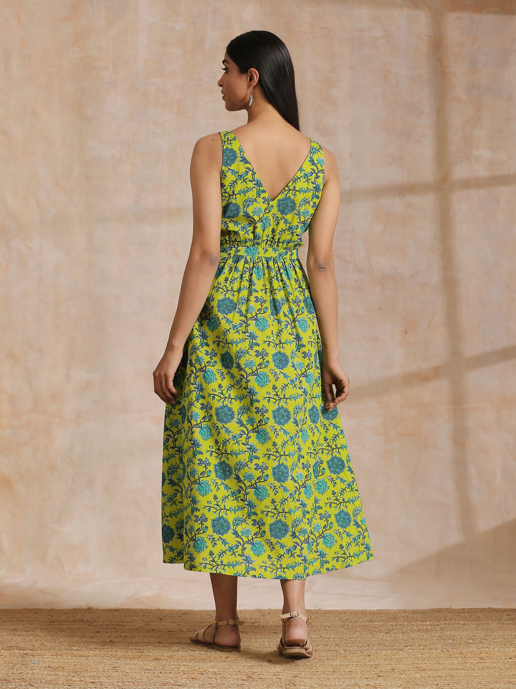 trueBrowns Lime Green Overall Teal Floral Block Print Cotton Sleeveless Wrap Dress - Distacart