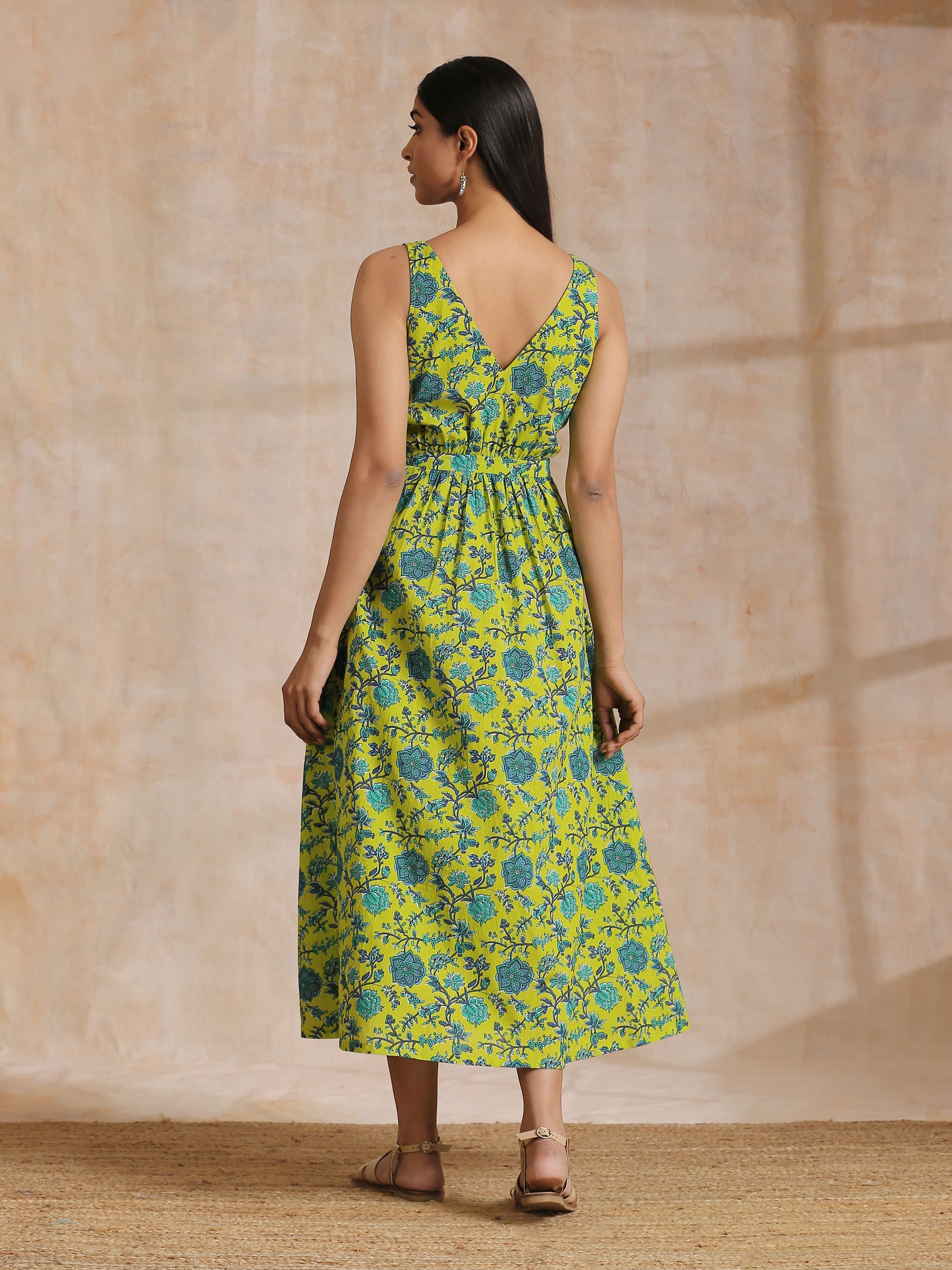 trueBrowns Lime Green Overall Teal Floral Block Print Cotton Sleeveless Wrap Dress - Distacart