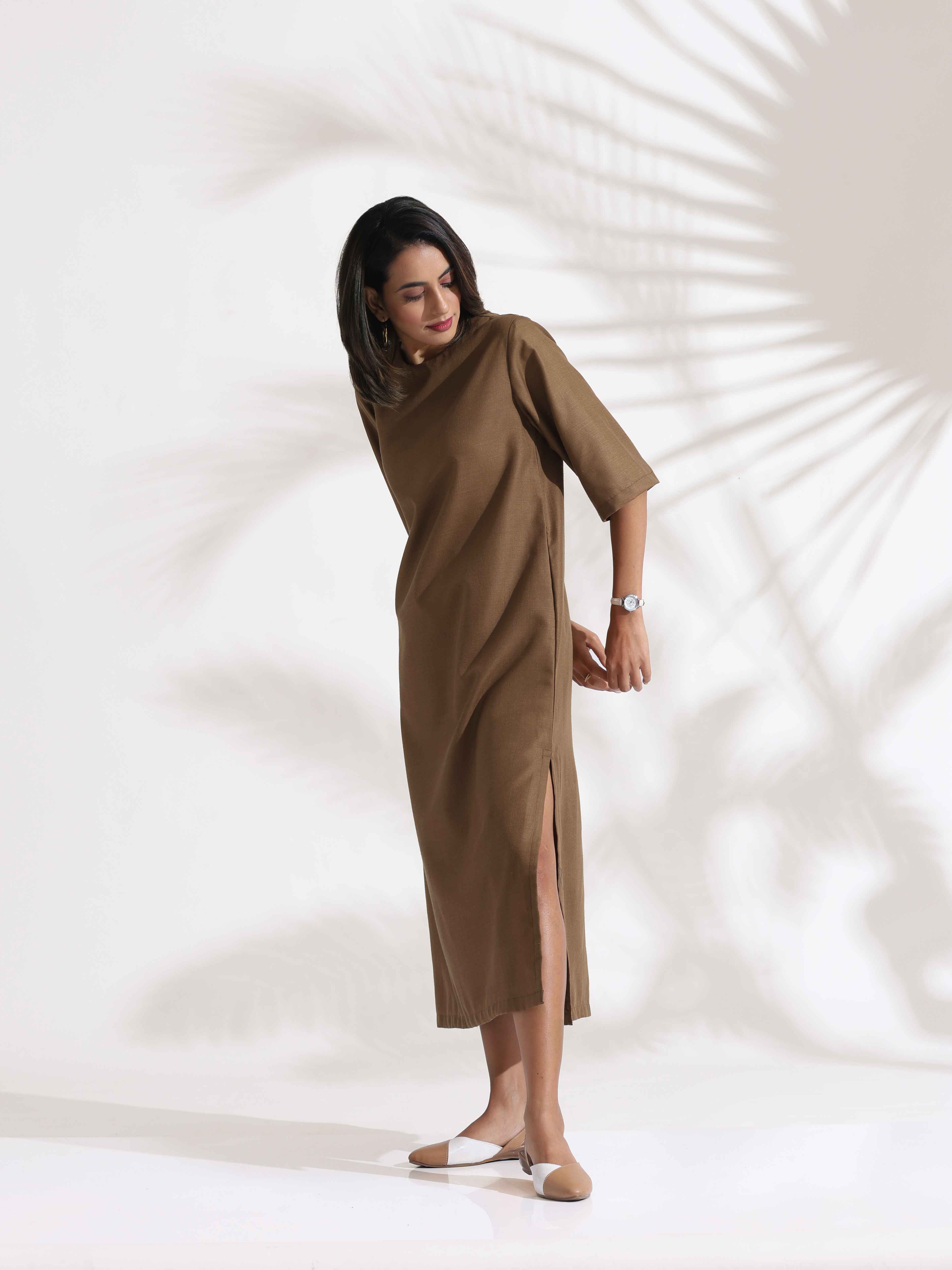 trueBrowns Brown Slub Dress - Distacart