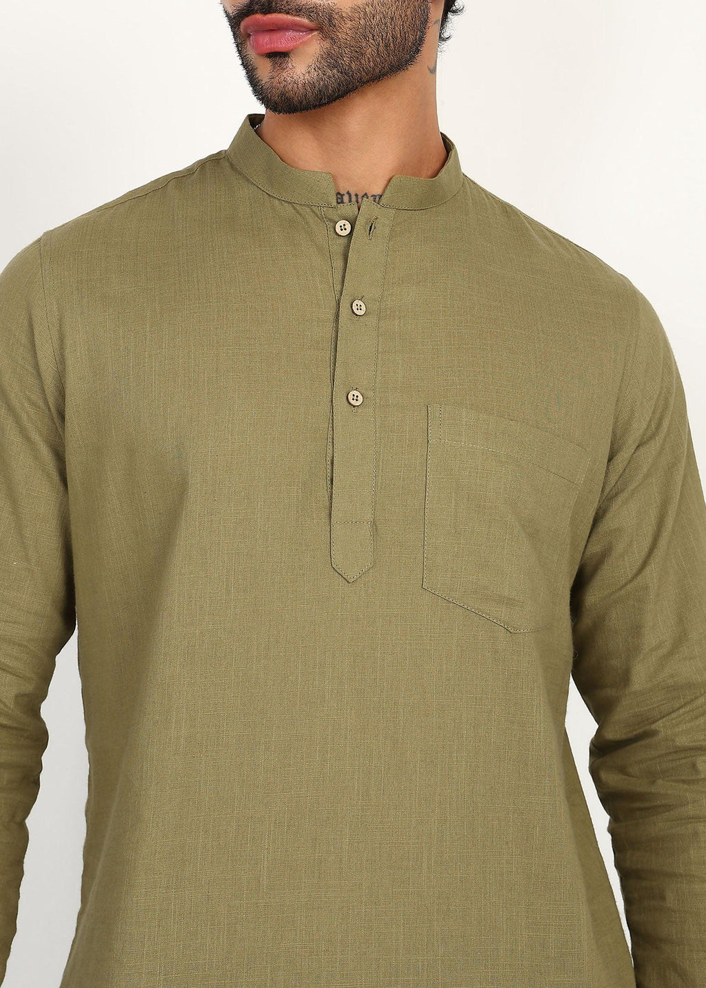 Fabmade Olive Root Linen Short Kurta