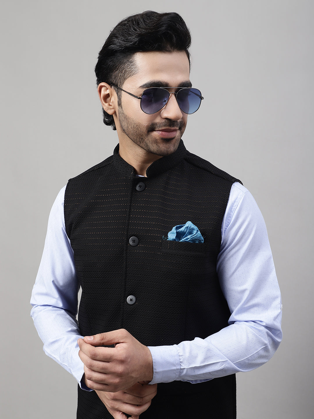 Even Apparels Men's Black Nehru Jacket With Welt Pockets