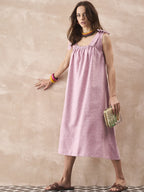 InWeave Dull Pink Linen Round Pleat Bow Dress - Distacart